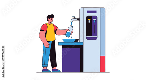 Man Refilling Water Bottle from a Cooler, Hygiene and Everyday Life Illustrated