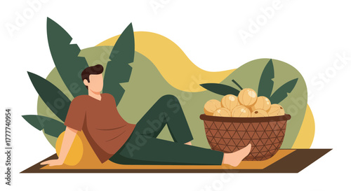 Man Resting Beside A Basket Of Fresh Fruit In Relaxing Tropical Environment