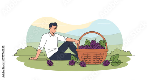 Man Resting Beside A Basket Of Grapes In A Grassy Field On A Sunny Day