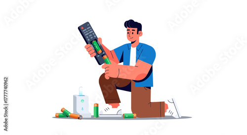 Man Replacing Batteries in a Remote Control Depicting Modern Technological Solutions