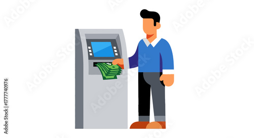 Man Retrieving Cash From ATM Illustration Showing Financial Transactions and Banking