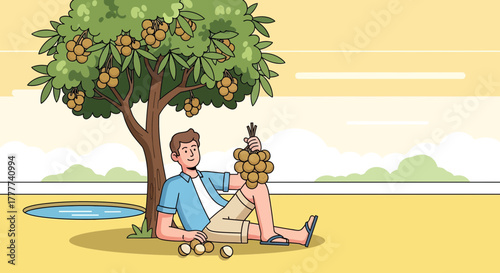 Man Resting Under Tree Bearing Fruit Holding Bunches Enjoying Daybreak's Tranquility