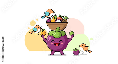 Mangosteen Character Balancing Fruits with Cheerful Birds in a Delightful Vector Illustration