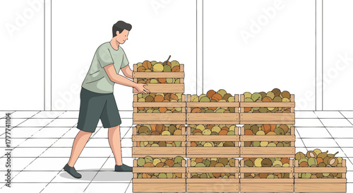 Man Stacking Wooden Crates Filled With Harvested Fruit for Seasonal Storage
