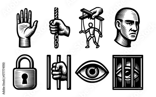 Conceptual black and white woodcut icons of control and confinement