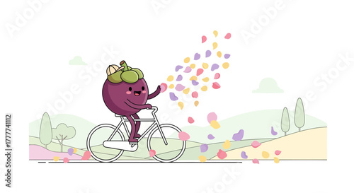Mangosteen Enjoying A Bicycle Ride As Colorful Petals Float In The Gentle Breeze
