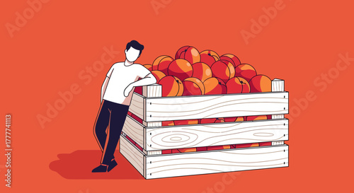 Man Stands Beside A Crate Full of Peaches Against An Orange Background Illustration