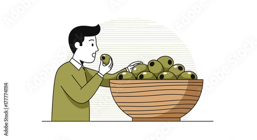 Man Tasting Olives From a Large Wooden Bowl Depicting a Scene of Culinary Delight