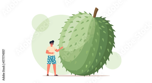 Man Stands Beside Giant Soursop Fruit Illustration On A Clean White Background Design