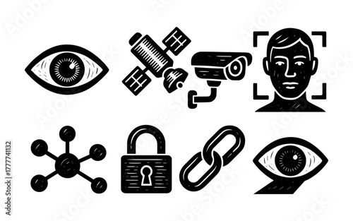 Surveillance and security icons set in black and white