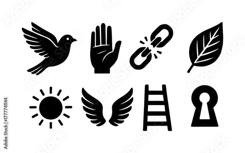 Bold black icons: nature, freedom, and accessibility in simple shapes