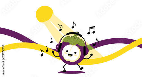 Mangosteen Enjoying Music: An Animated Illustration with Happy Character and Musical Notes