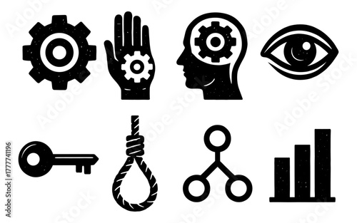 Black grunge style icon set featuring human mind and tools for business and psychology