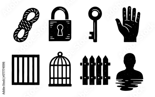 Grunge style security and restriction icons set: rope, lock, key, hand, and more