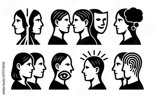 Surreal mind reflection: profiles and abstract elements in monochrome silhouette style