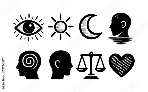 Abstract icon set with human profiles, eye, sun, moon, scale, and heart symbols