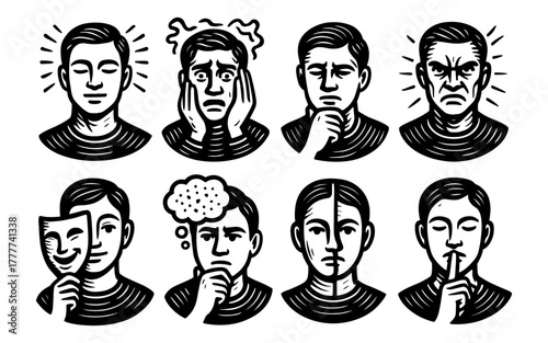 Retro style collection of male facial expressions with varied emotions and reactions