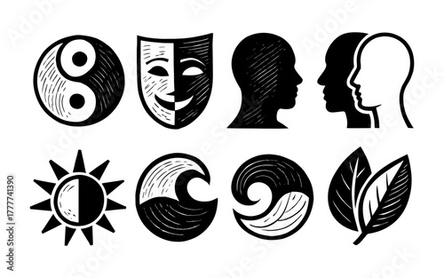 Black and white themed abstract symbols featuring duality and nature elements