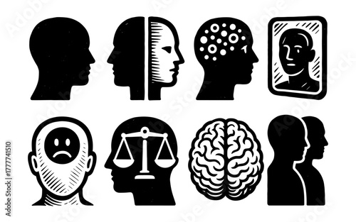 Silhouette mental health icons: conceptual designs with brain and balance symbols