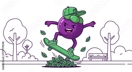 Mangosteen Skateboarder: Whimsical Cartoon Character Enjoying Fun and Action in a Park Scene