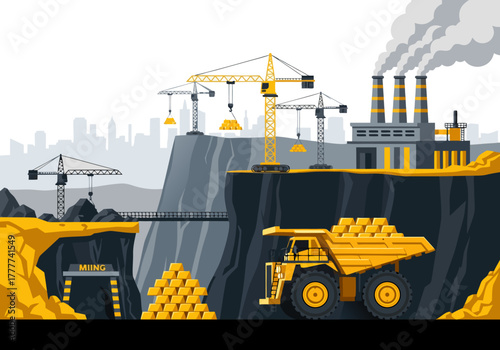 Vector illustration concept of a mining quarry with a large dump truck full of gold, an industrial plant, and cranes