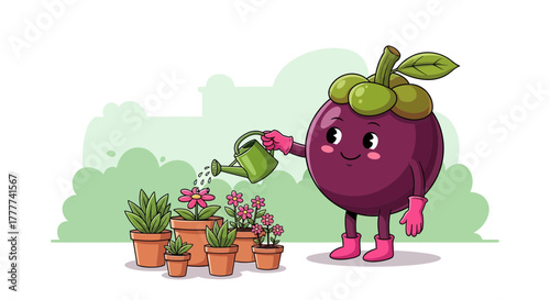Mangosteen Watering Flowers: A Delightful Cartoon Scene in a Whimsical Garden