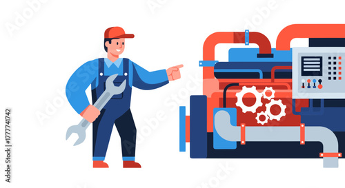 Mechanical Technician Inspecting And Pointing Towards Industrial Engine Machine