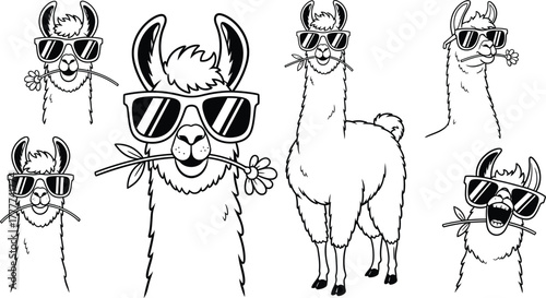 Collection of whimsical llamas wearing sunglasses and holding flowers isolated on white background