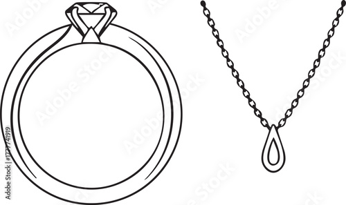 Adobe Illustrator Artwork Diamond Ring and Teardrop Necklace Outline Icons - Jewelry, Engagement, Wedding, Luxury, and Fashion Vector
