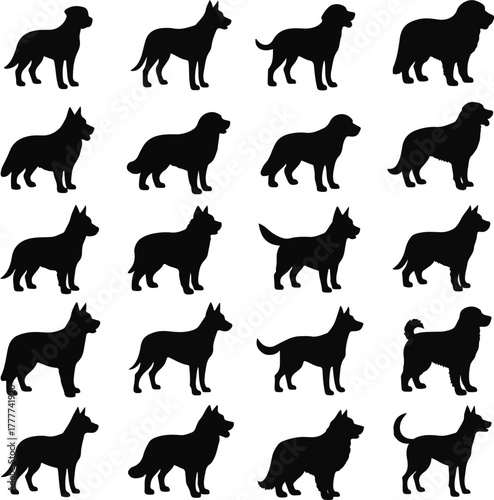 Collection of dog silhouettes in various poses on a white background.