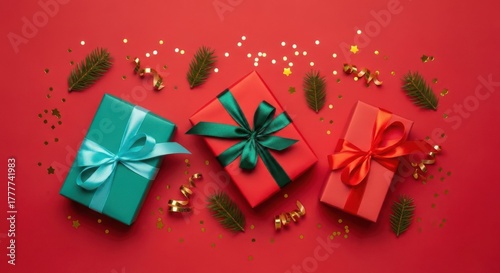 Assortment of colorful christmas gift boxes with pine needles and confetti on red background