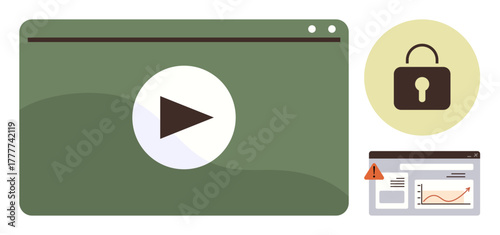 Video player with a play icon, padlock for security, and warning sign on analytics dashboard. Ideal for media, cybersecurity, streaming, data privacy, content access, technology entertainment