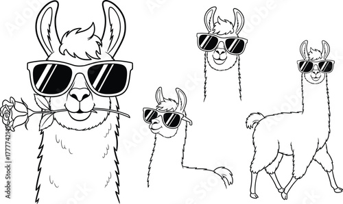 Four stylized llamas wearing sunglasses with one holding a rose isolated on white background