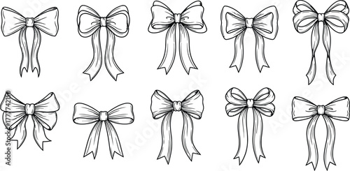 Collection of hand drawn bows with ribbons isolated on white background