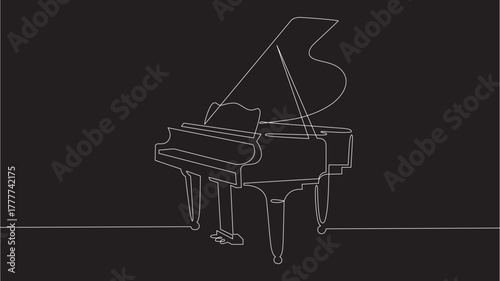 Piano continuous one-line vector drawing. Pianoforte hand-drawn silhouette clipart. Acoustic musical instrument sketch. Grand piano minimalistic contour illustration. Isolated linear design element.