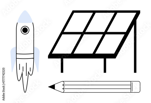 Rocket launching, solar panel absorbing sunlight, and pencil symbolizing technology, energy, ideas, progress, sustainability, education and creativity. Ideal for innovation eco-awareness