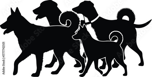 A group of dog silhouettes walking together in a line against a clean white background.