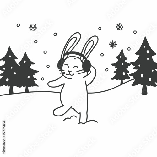 A happy rabbit dancing in the snow wearing earmuffs illustration