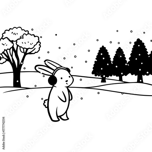 A cute rabbit wearing earmuffs in a snowy winter landscape illustration