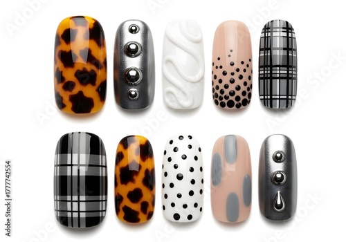 Variety of Stylish Plaid and Animal Print Nail Art Designs on White