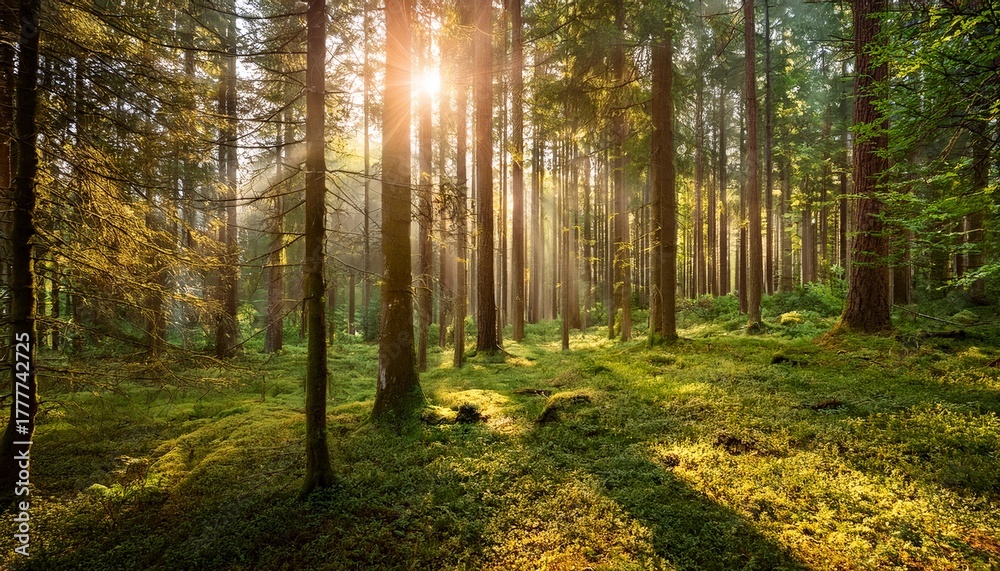 Fototapeta premium sunlight filtering through tall trees creates an enchanting forest ambiance