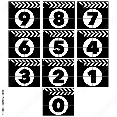 Clapperboard, countdown numbers from ten to zero on film slate background for cinematic projects