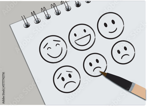 Hand drawing various facial expressions on a spiral notebook page