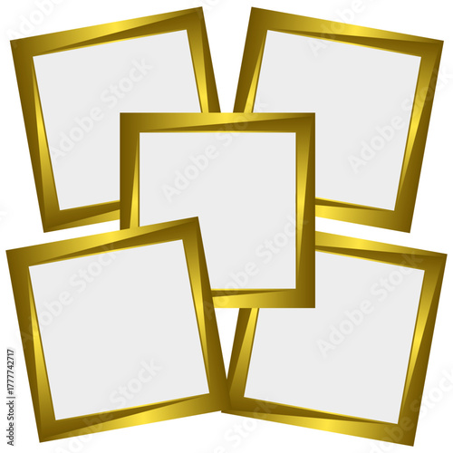 Collection of six empty gold picture frames arranged in a creative overlapping design