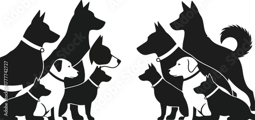 A graphic illustration of dog silhouettes in various poses against a clean white background.