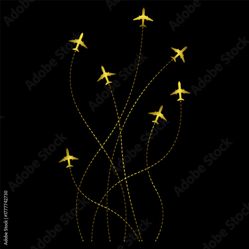 Golden airplane illustration with flight paths on a black background for design projects