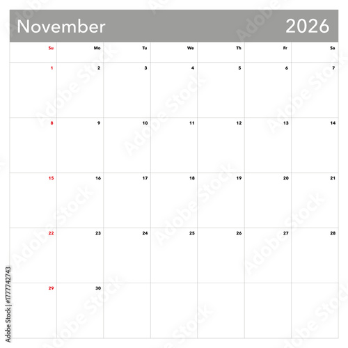 Blank calendar template for November 2026 with ample space for notes and planning