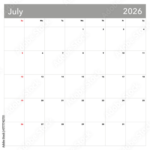 Blank calendar template for July 2026 with clear layout and ample space for notes