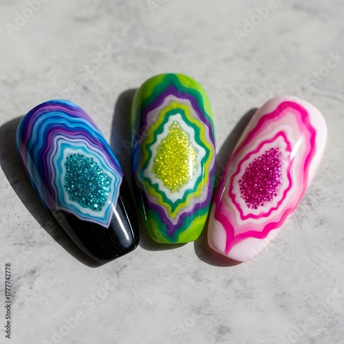 Agate Stone Inspired Nail Art Designs with Glitter Centers in Trendy Colors