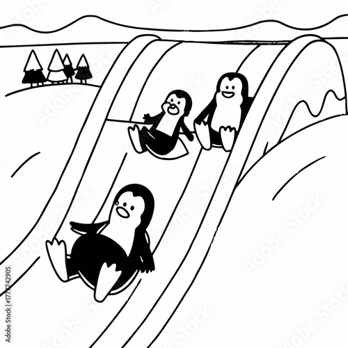 Penguins sliding down a snowy hill